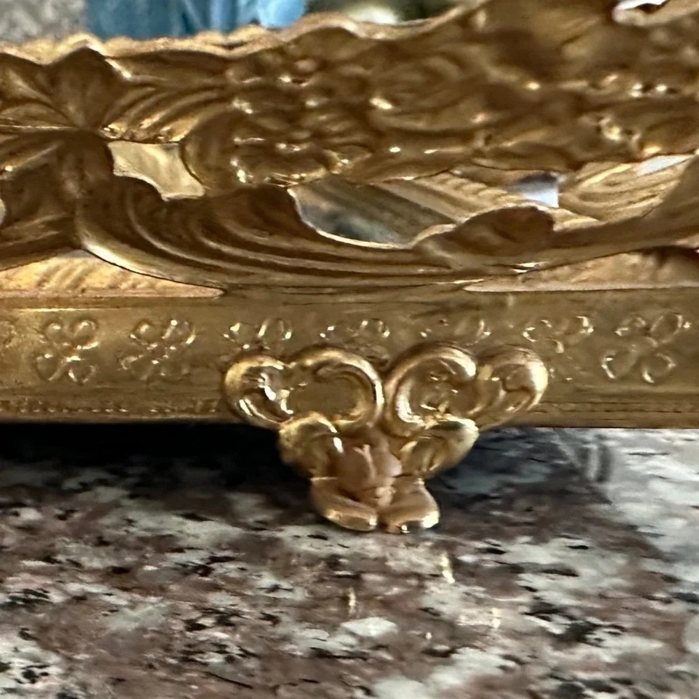 Vintage Ornate Gold Mirrored Vanity Tray Floral Filigree Hollywood Regency 17x11